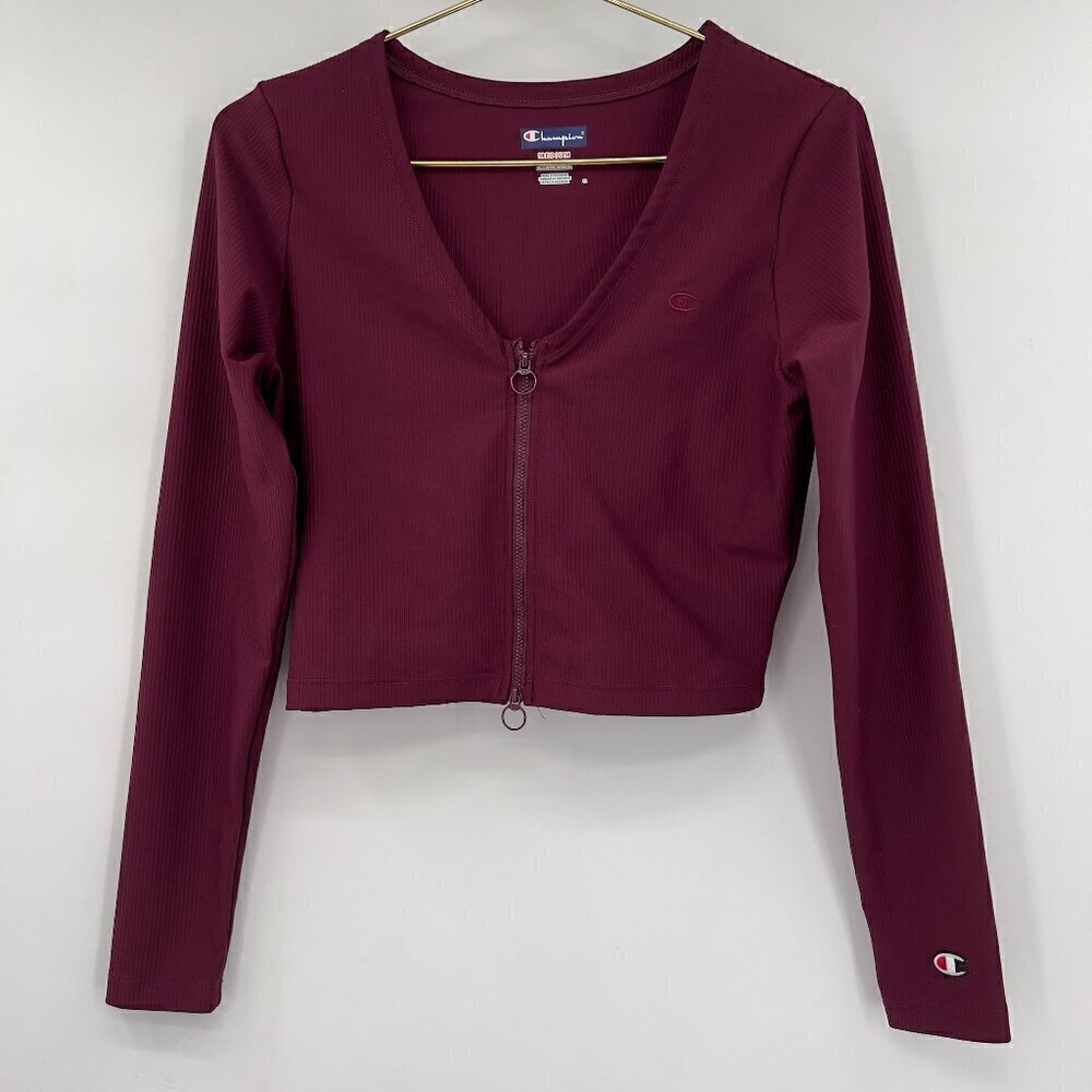 Champion Women's Spandex Ribbed Zip Front Cropped Dark Berry Purple Top M